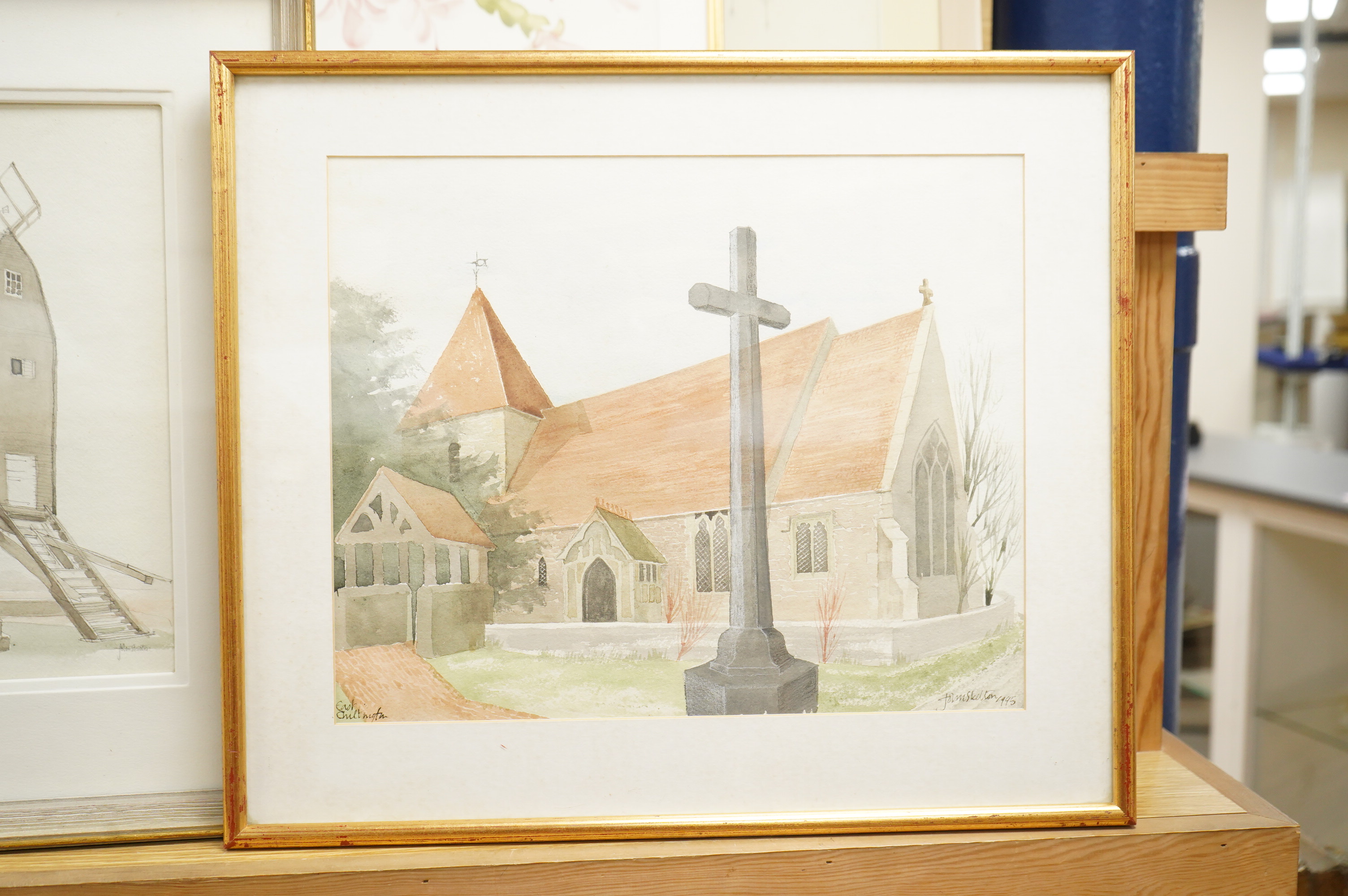 John Skelton (1925-2009), ‘Nutley Mill’ and a view of a church, each signed and dated '79 and 1995, two watercolours, largest 29 x 35cm, Provenance: from the artist's family